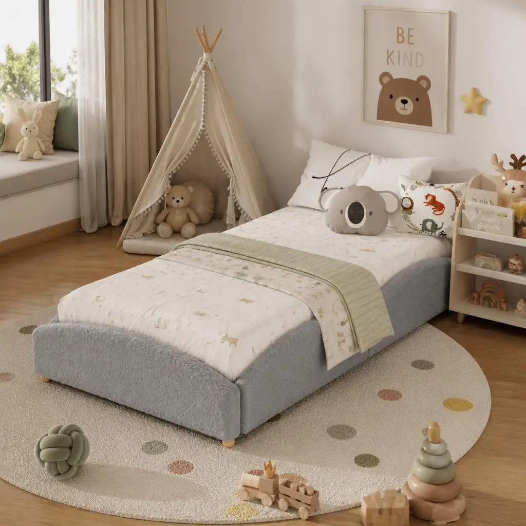 Cloud-Shaped Upholstered Twin/Twin XL Floor Daybed for Kids & Toddlers – Low Profile Educational Platform Bed with Raised Sides, Soft Soft Fabric – Light Grey/Pink
