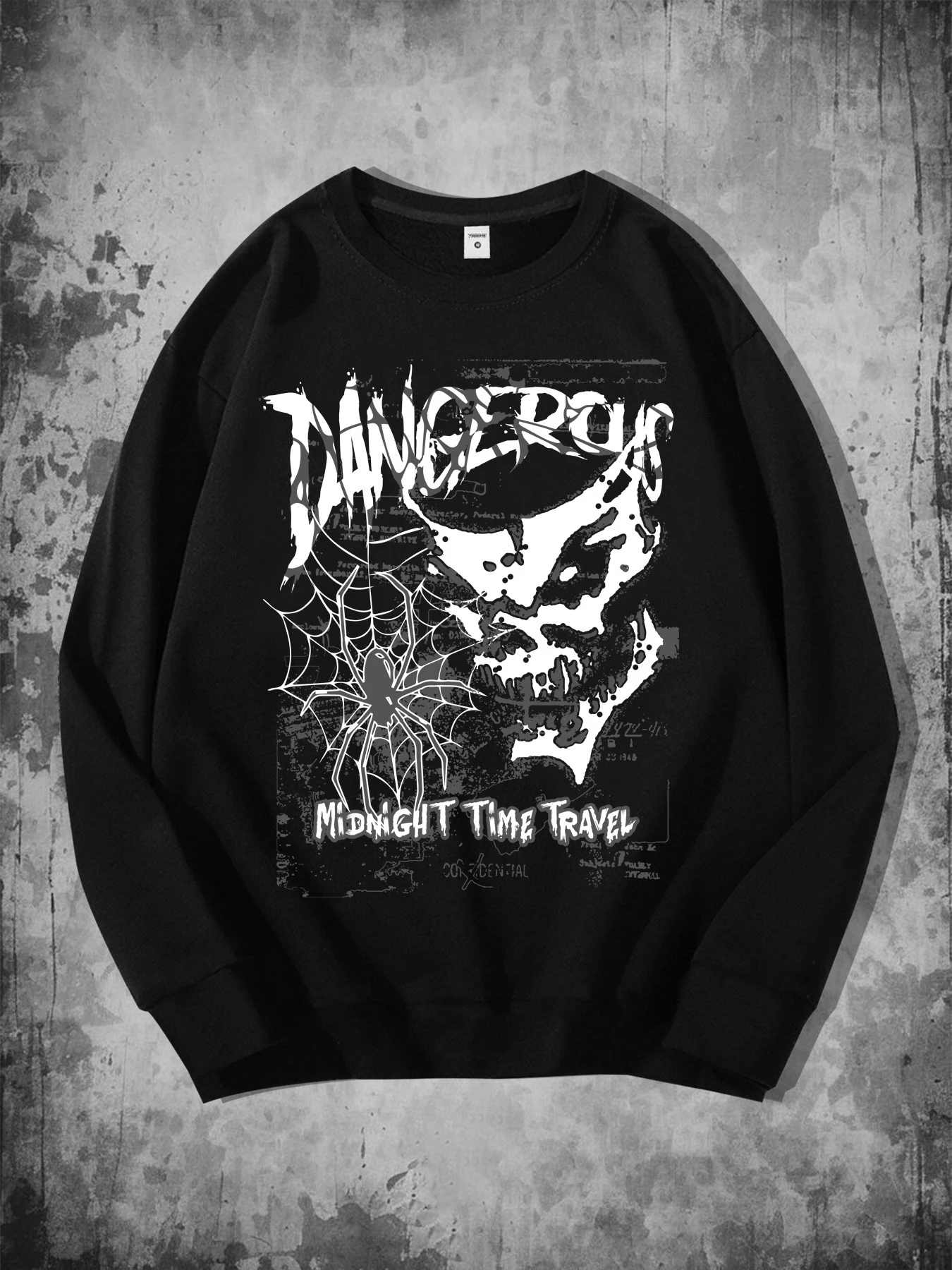 Random Print Gothic Spider Mask Sweatshirt - Retro Web and Mask Design, Round Neck Pullover, Warm Pullover