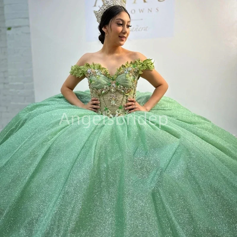 

Angelsbride Sage Green Ball Gown Quinceanera Dresses Birthday Party Dress Applique Lace Up Graduation Vestidos De 15 Anos