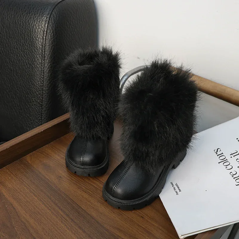 Winter Girl Snow Boots Soft Furry Hairy Kid\'s Boot Black White Versatile Children Causal Fashion Long Boots Warm Plush Zipper