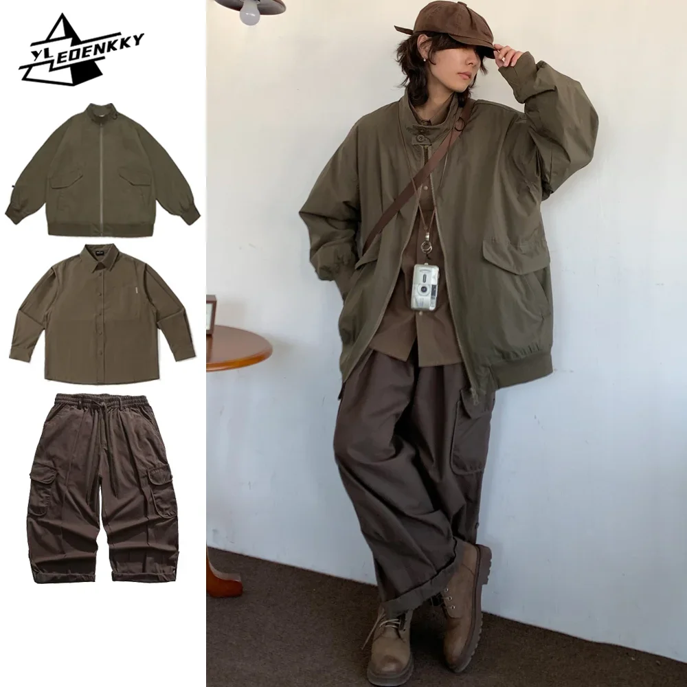 Retro Harajuku Set Men High Street Spring Autumn Bomber Jacket Loose Casual Long-sleeved Shirt Wide-leg Cargo Pants Three-piece