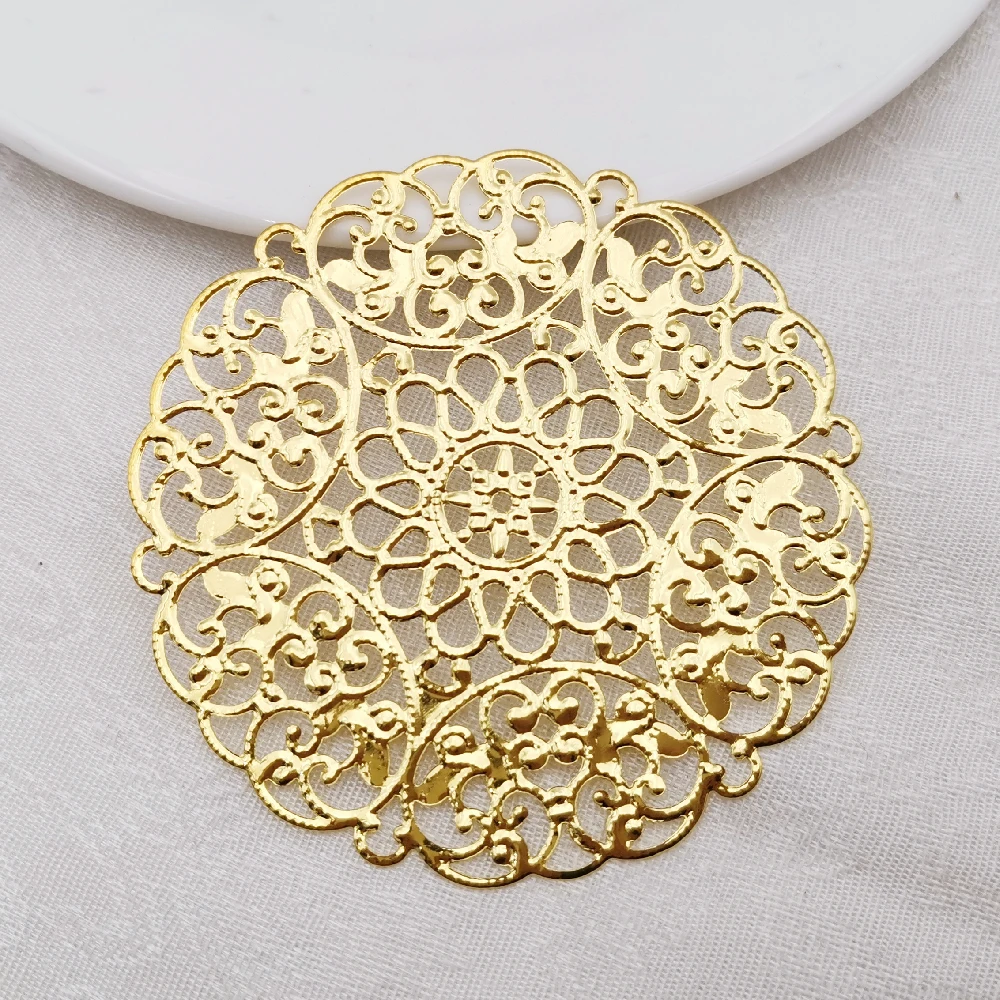 10 PCS 69mm Gold Color Metal Filigree Big Flower Slice Charms Base Setting DIY Jewelry Making Components Finding