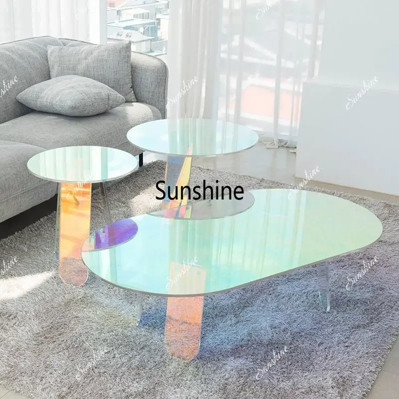 YLuxury 120cm Iridescent Rainbow Acrylic Side Table Round Coffee Table with Iridescent Finish for Living Room Shopping Mall Deco