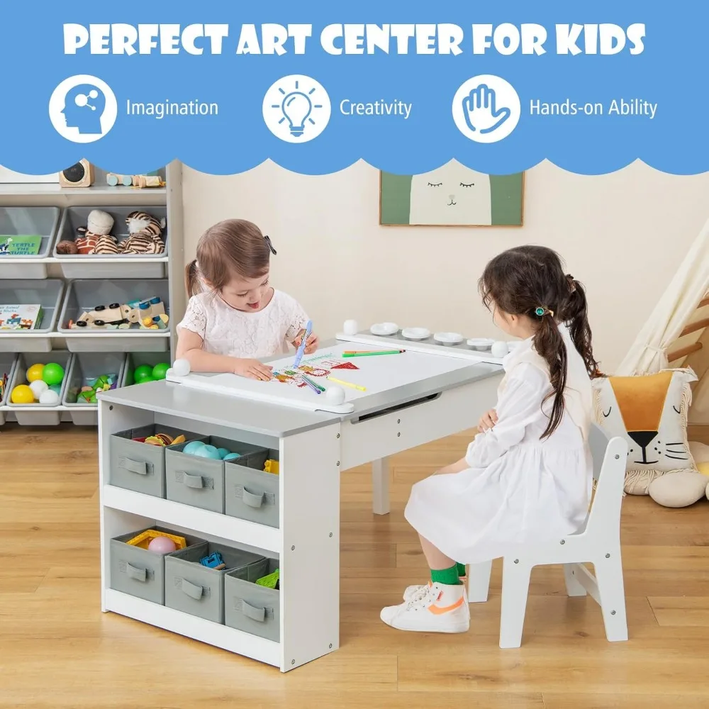 Conjunto de mesa e cadeira infantil, mesa de atividades de artes e ofícios de madeira 3 em 1 com rolo de papel, 6 copos de tinta e caixas de lona de armazenamento