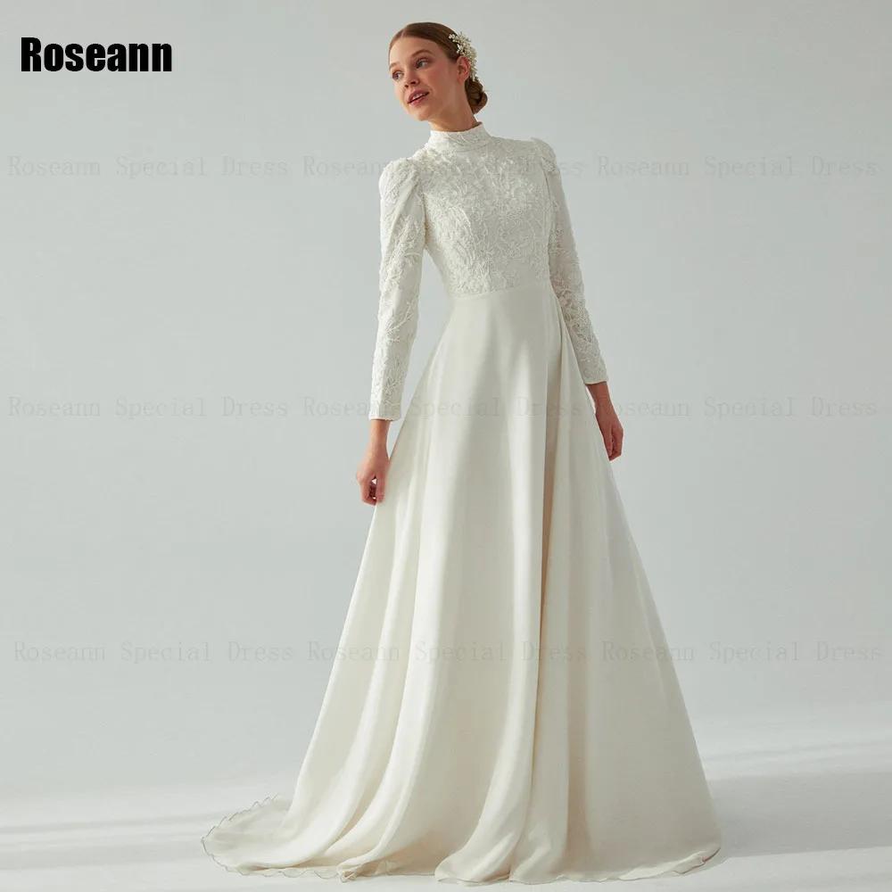 Muslimische a-line Brautkleider hoher Kragen drapierte Falten applikation Blumen Bürsten zug Satin Brautkleid boden lange Robe de Mariée