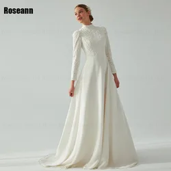 Muslim A-line Wedding Dresses High Collar Draped Pleat Applique Flowers Brush Train Satin Bride Gown Floor Length robe de mariée