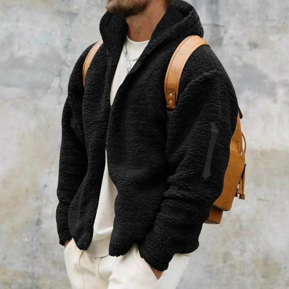 Hoodie with Side Pockets Men Winter Hoodie Cozy Hooded Men\'s Winter Coat Thick Plush Zipper Closure Soft Pockets Warm Cold