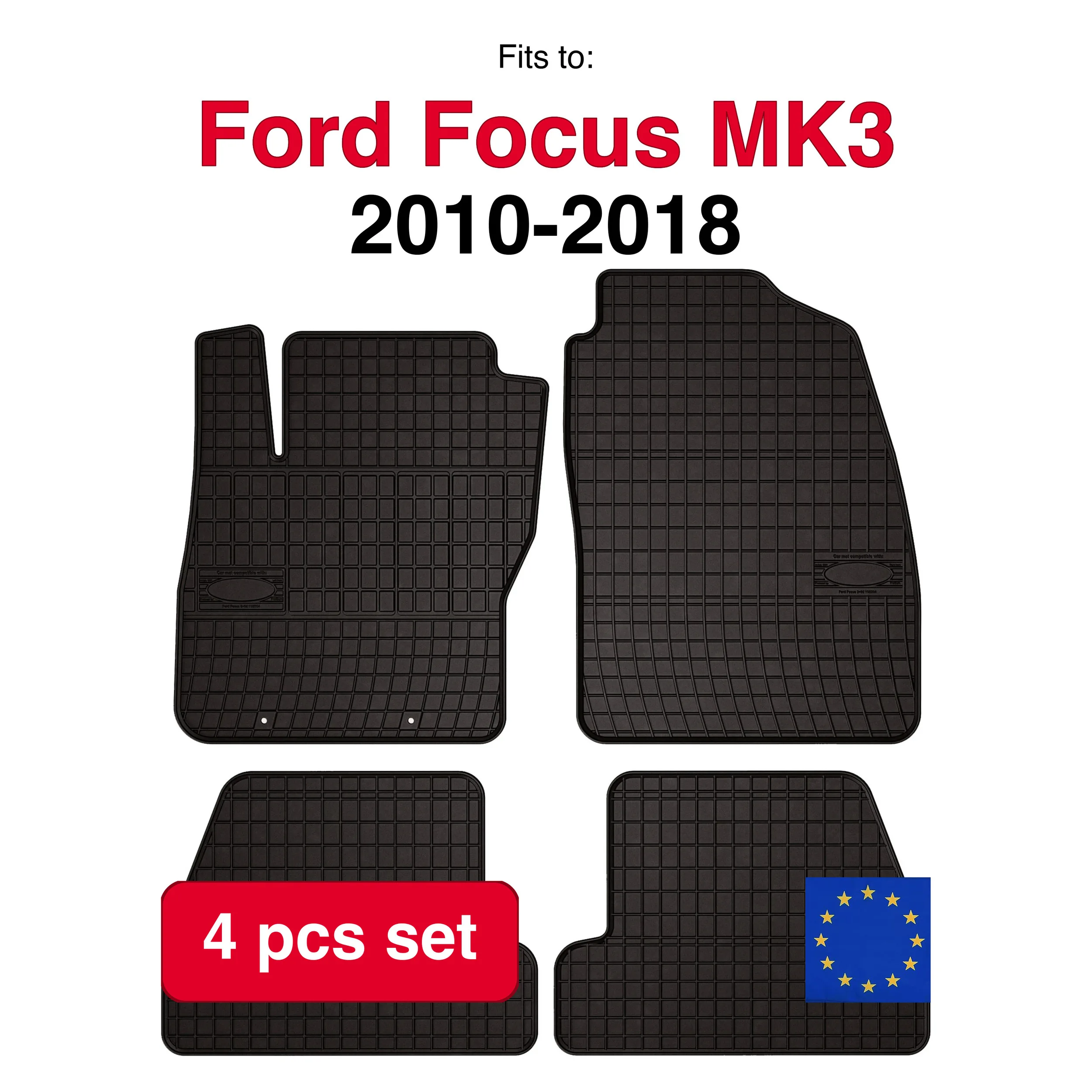 Rubberen autokleedkappen voor Ford Focus MK3 hatchback, sedan stationwagen (2010-2018) -zwart, geschikt voor (4 stuks)