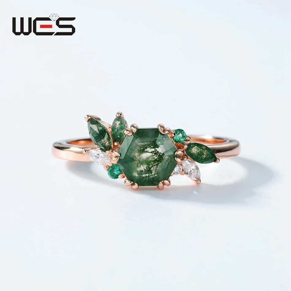 WES 925 Silver Olive Branch Natural Moss Agate Ring for Woman Rose Gold Yellow Gold Plated Wedding Gift Luxury Jewelry Wholesale