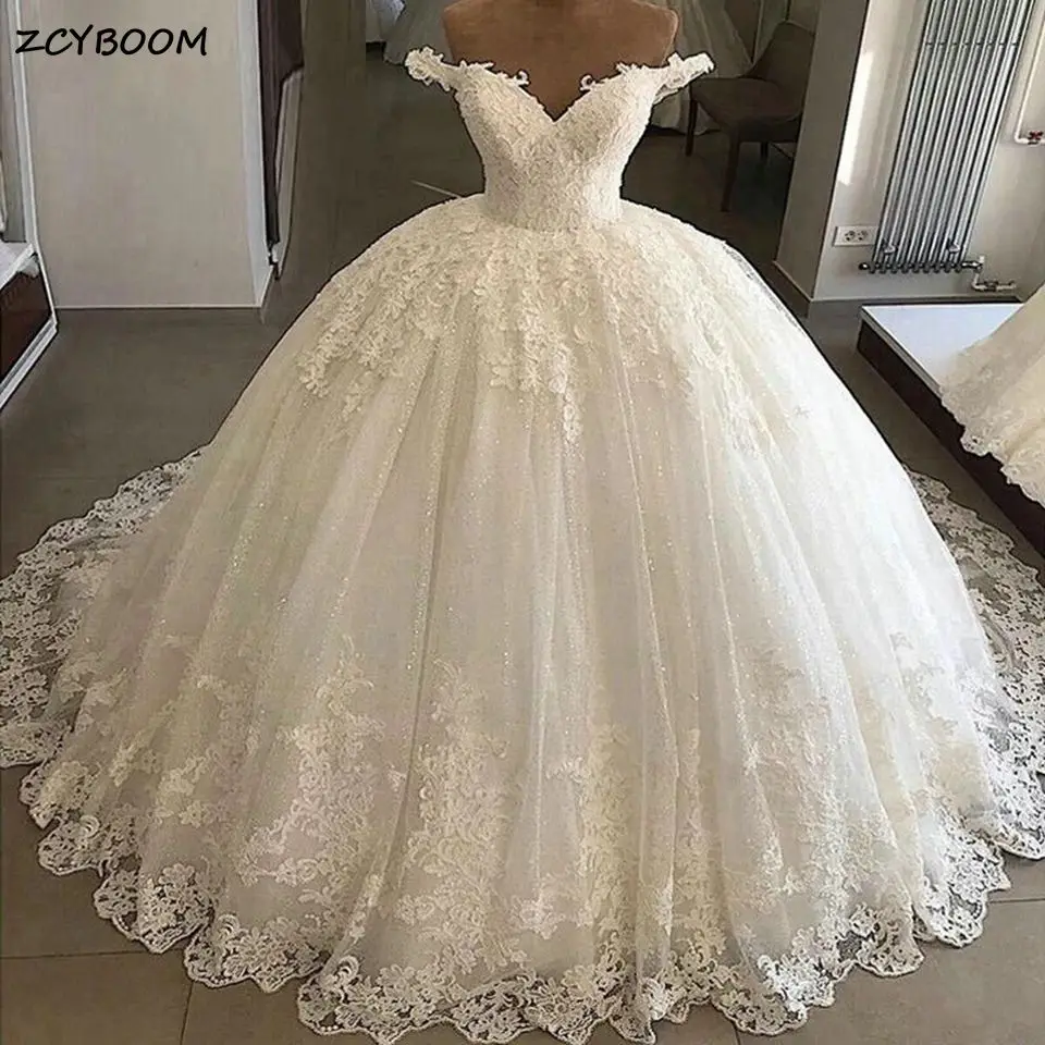Elegant White/Ivory Off The Shoulder Ball Gown Wedding Dresses 2026 Tulle Appliques Glitter Sequins Bride Gowns Vestido De Noiva