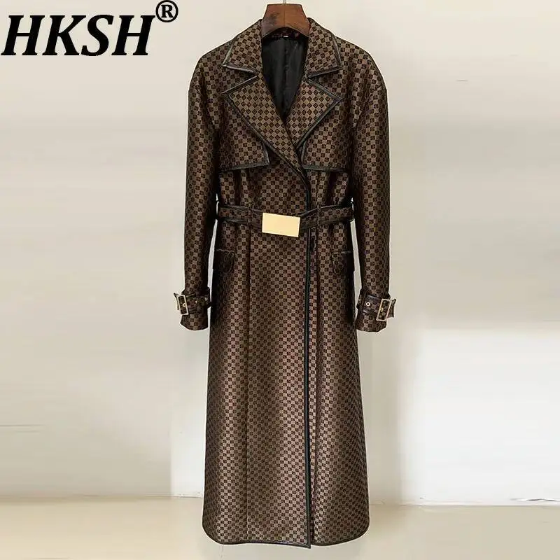 

HKSH осень-зима новый женский уличный модный шикарный жаккардовый удлиненный плащ с поясом стильная клетчатая ветровка HK9062