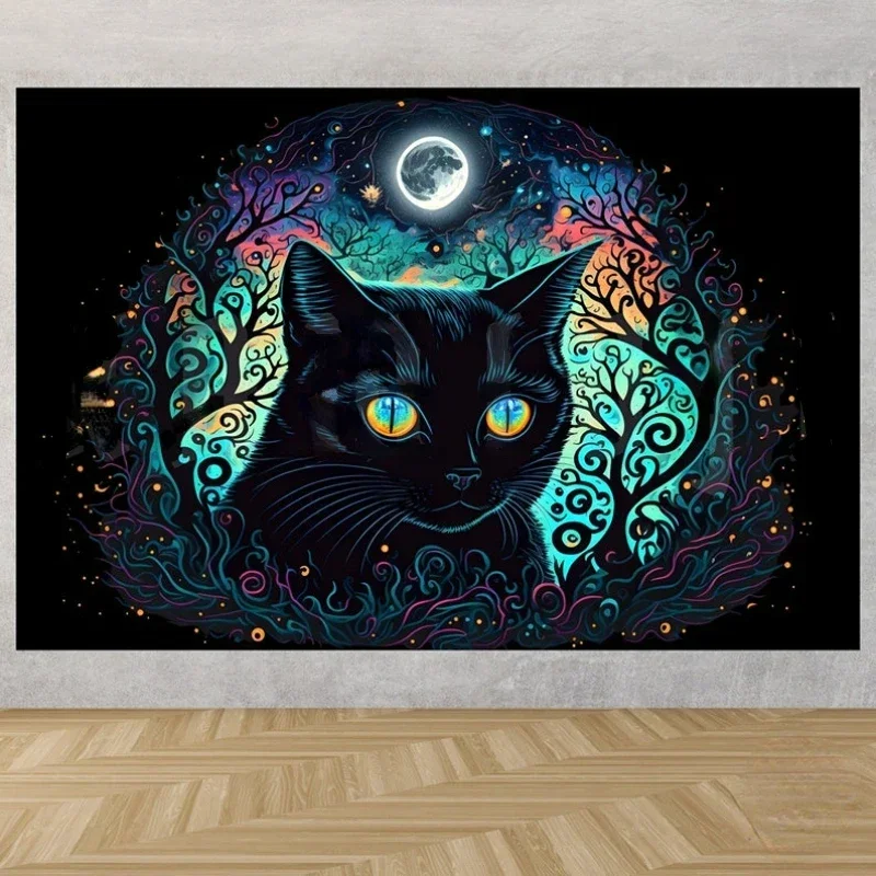 Witchy Cat Wall Hanging Tapestry, Witch Wall Art, Moon Wall Decor Bedroom, Home Decor, College Dorm Tapestry