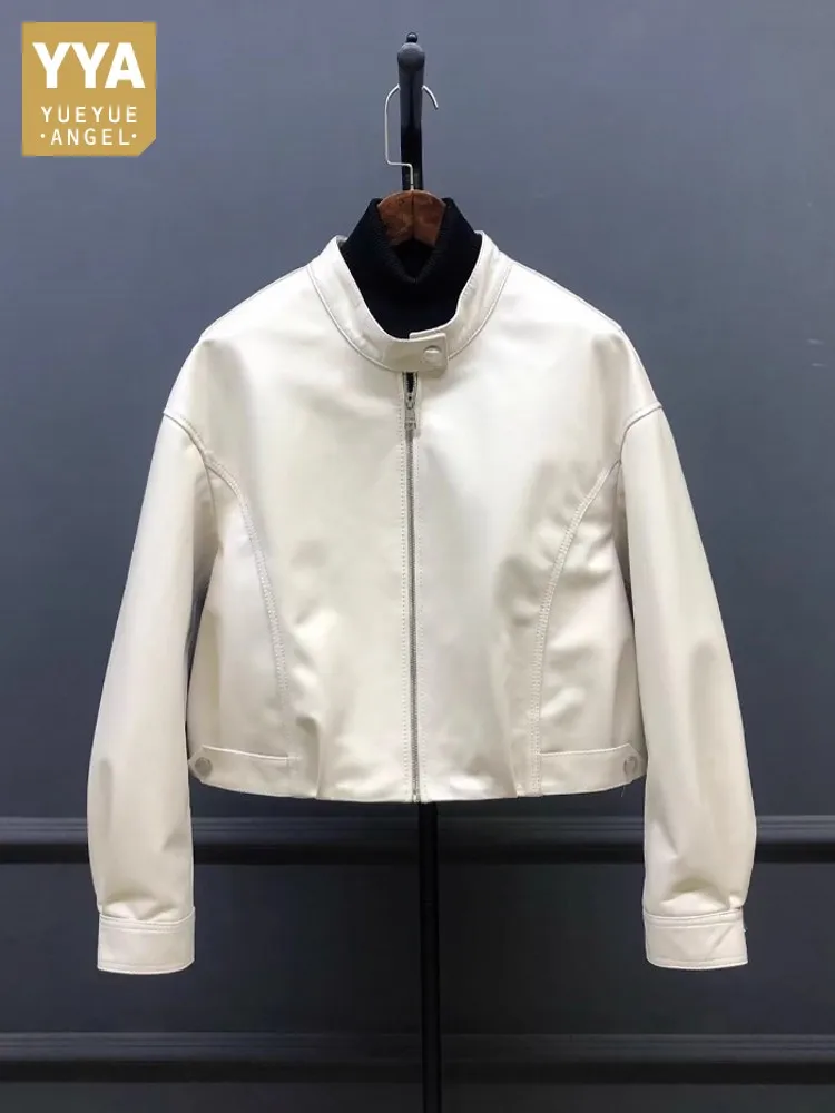 Giacca da donna in vera pelle di pecora vestibilità ampia autunno stile fidanzato con cerniera colletto alla coreana cappotto da motociclista giacche casual