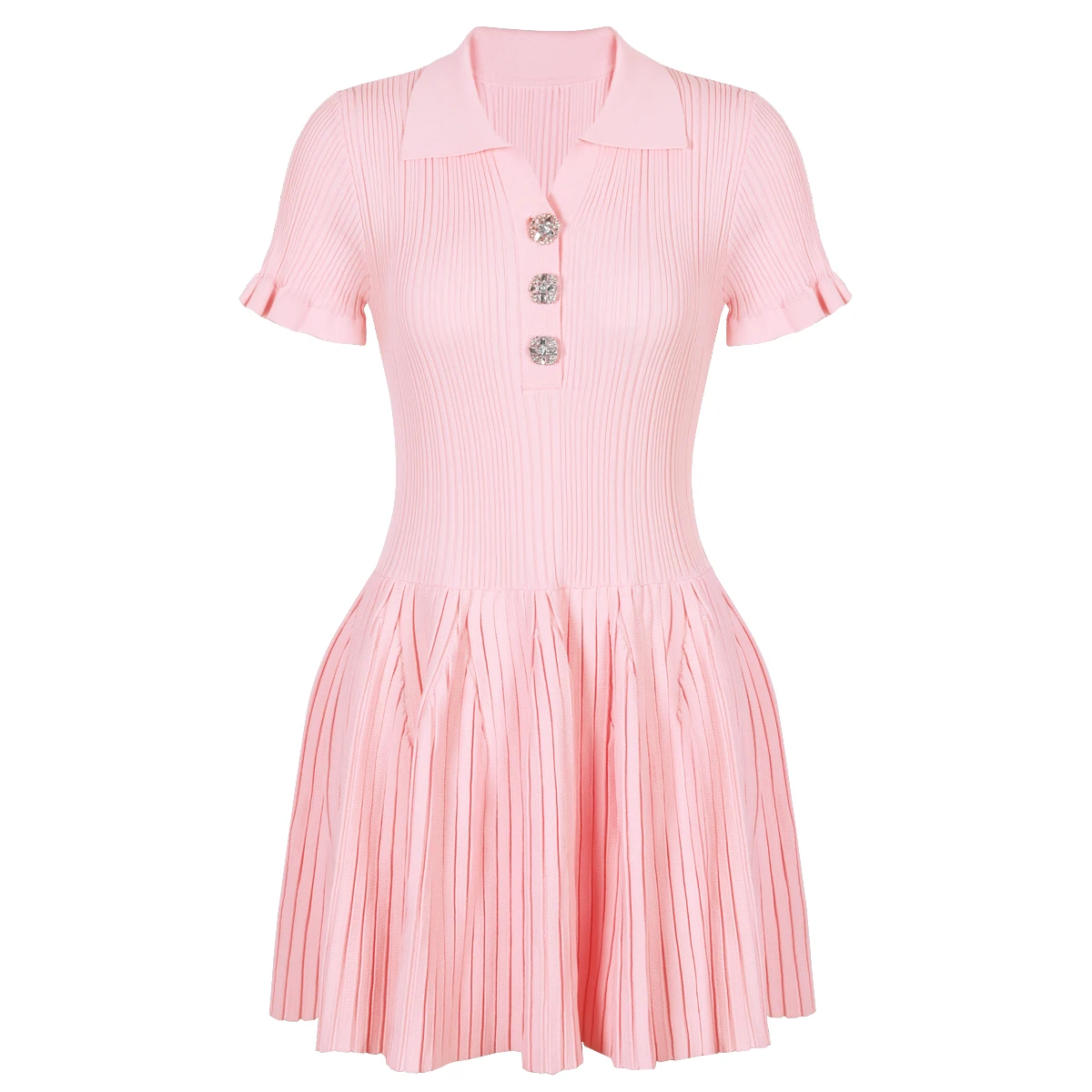 Four Color High Version Spot Summer New Elastic Knitted Short Sleeved Diamond Button Slim And Sexy Short Women's Dress