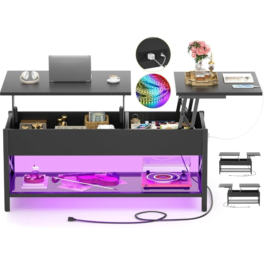 

Coffee Table, Lift Top Coffee Table with Storage, LED Light & Power Outlet and Hidden Compartment, Retro Center Table for Living