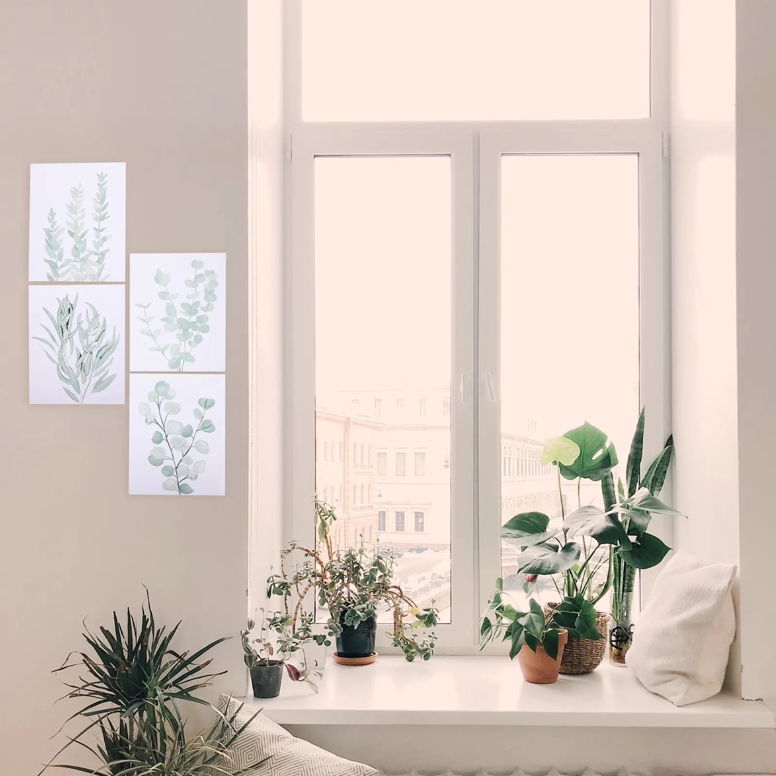4 Pcs Decoration Green Plants Paintings Minimalist Poster Canvas Pictures of White Living Room for Walls Bedroom