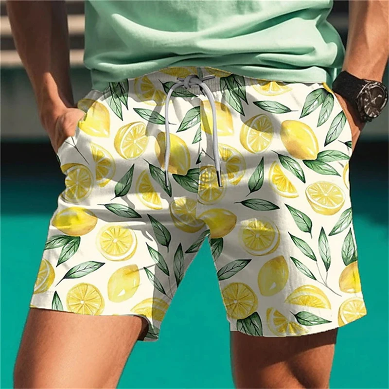 Fashion Sexy Men Shorts Quick Dry Lemon Floral Printed Swimsuit 2025 New Summer Drawstring Hip Hop Men Kids Board Short Trunks