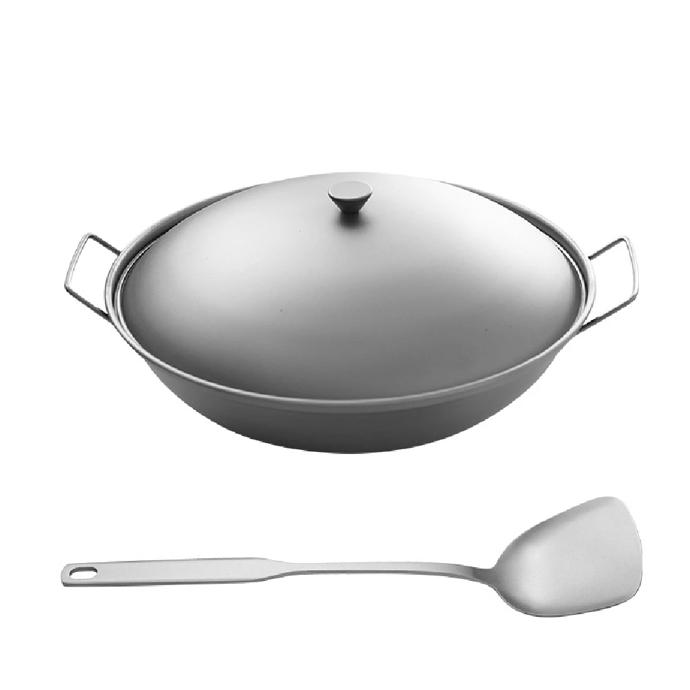 99.7% Pure Titanium Lightweight Double Handle Wok Pan with Lid Non-rust Gas Stove Ready for Camping Hiking Alcohol Stove Pot