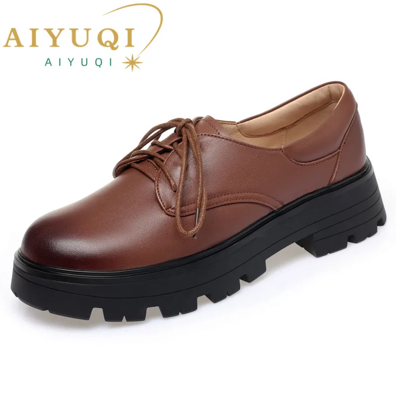 

Ladies Oxford Shoes 2025 Spring Genuine Leather Lace-up Fashion Women Loafers British Style Round Toe Women Large Size Shoes