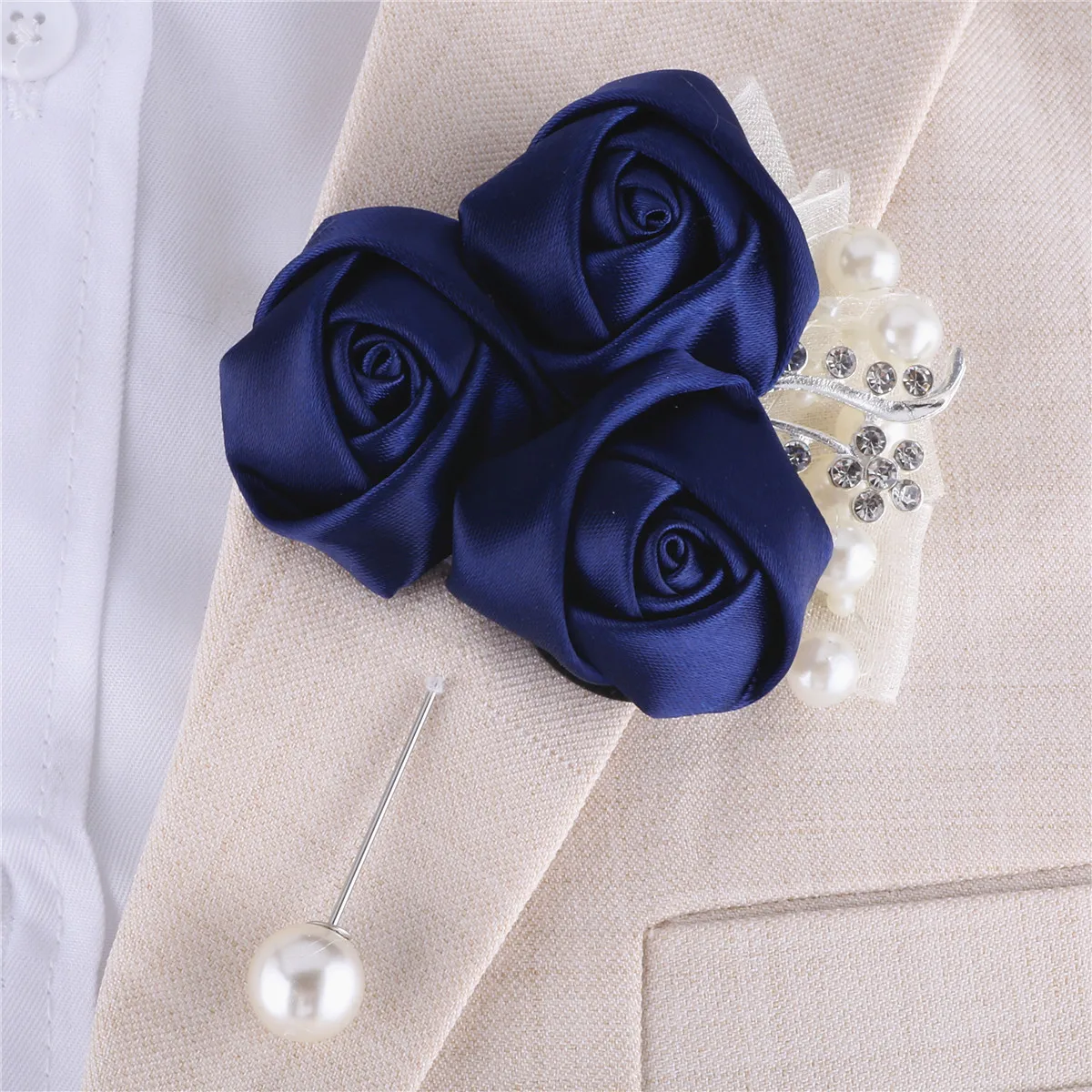 

Elegant Navy Blue Silk Rose Wedding Boutonnieres for Groom Pearl Pins Crystals Florals Bracelets Bridesmaid azar para novio boda