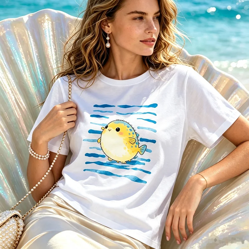 Watercolor Cartoon Blush Pufferfish Graphic T Shirt Hand Drawn Sea Ripple Stripes Breathable Cotton Ladies Coastal Sleeve Top