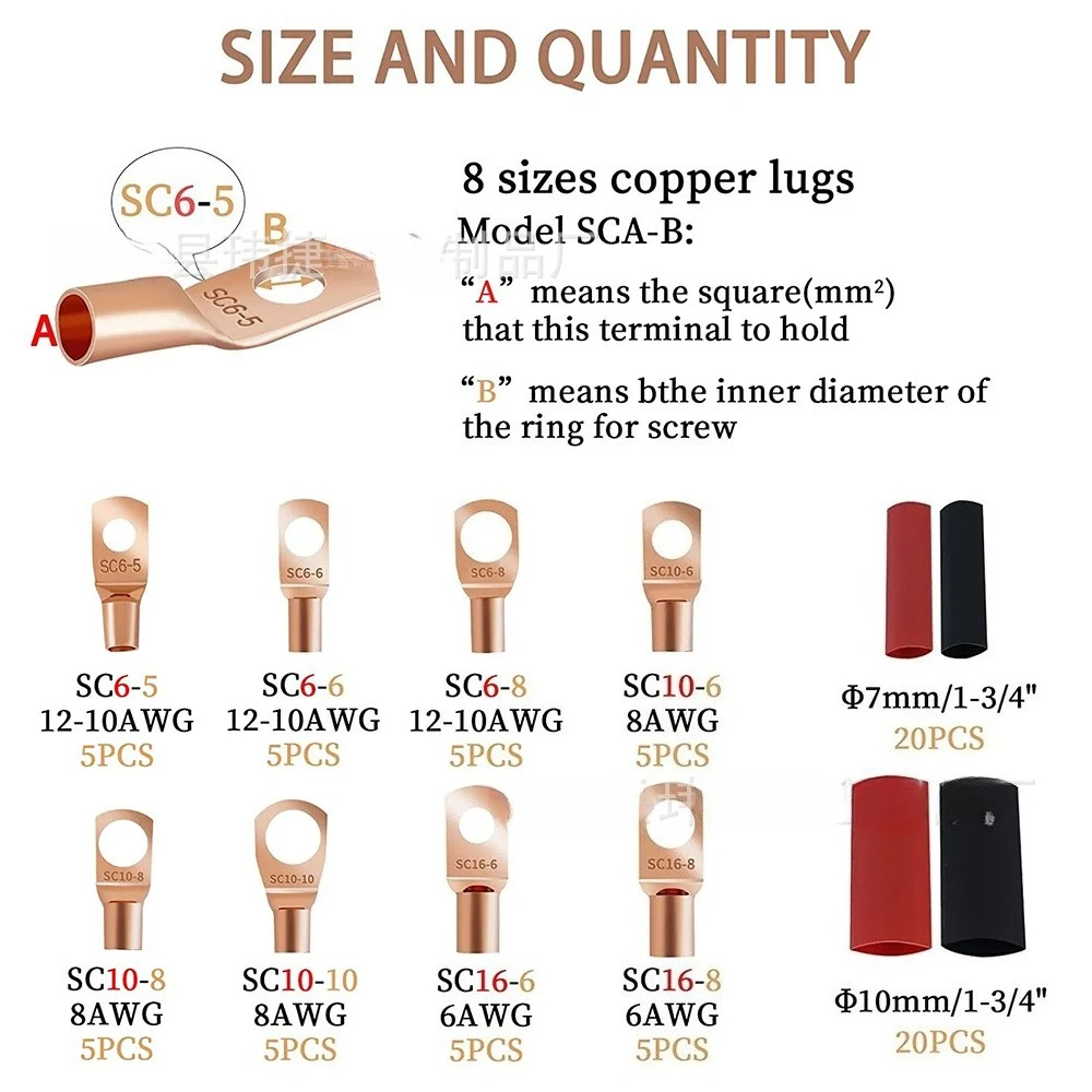 80PCS Boxed SC Cable Lugs Kit, Pure Copper Crimp Wire Terminals with Red‑Black Heat Shrink Tubes