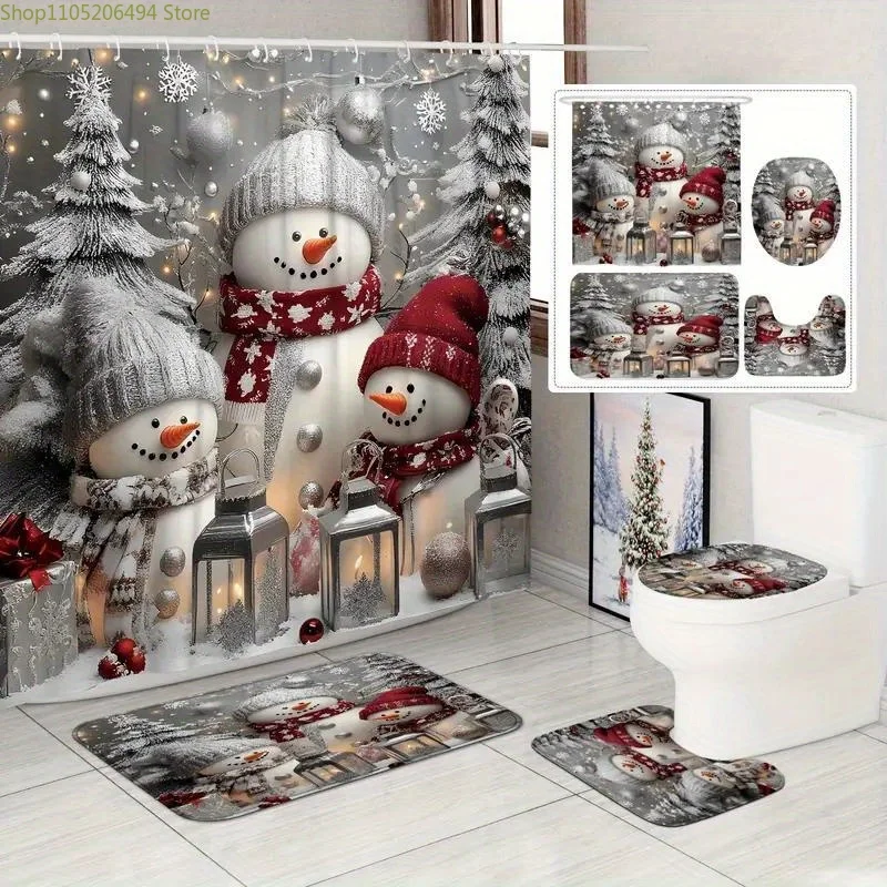 

1/3/4 шт., набор занавесок для душа в виде рождественского снеговика с нескользящим ковриком, аксессуары для декора ванной комнаты, включая коврик для ванной, U-образный