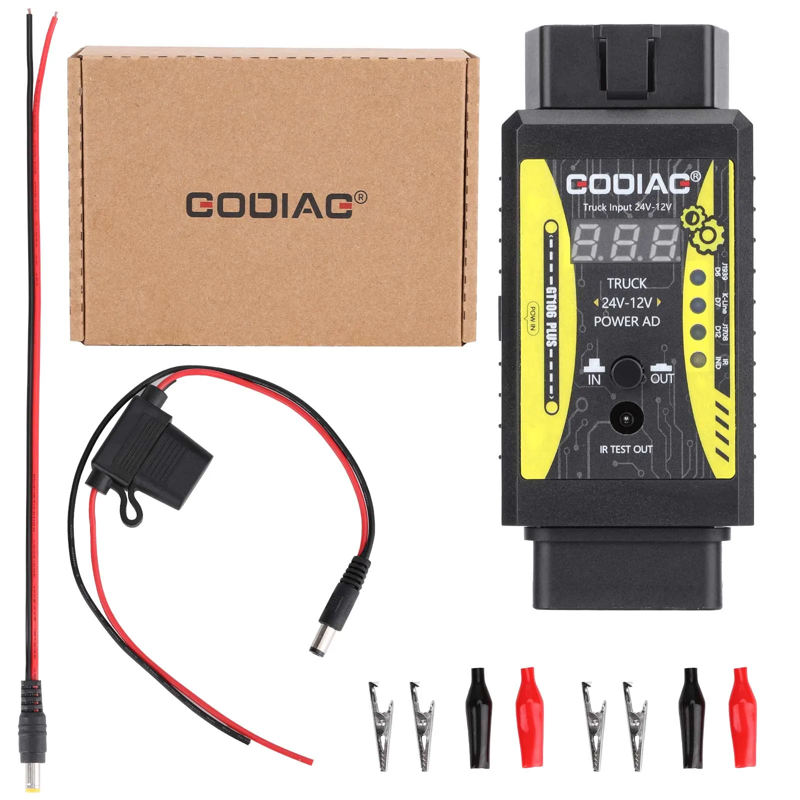 

Адаптер GODIAG GT106 PLUS 24V-12V для тяжелых грузовиков с функцией очистки и диагностики топливных форсунок, а также тестирования реле, для легковых и грузовых автомобилей