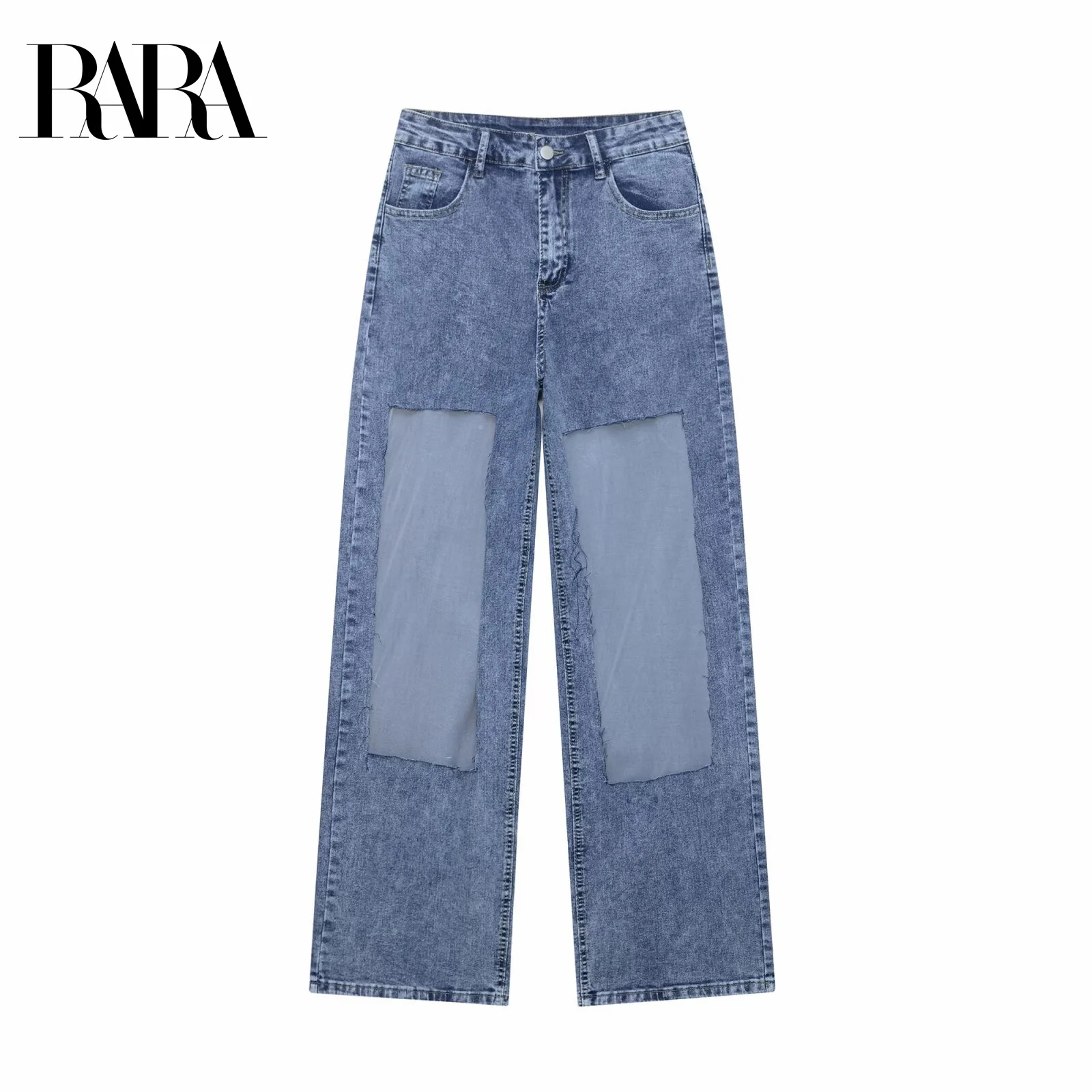 

RARA2025 new summer women's casual fashion all-match slim mesh splicing high waist straight denim trousers