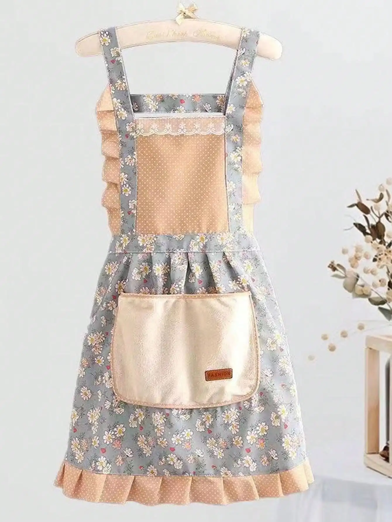 Hand wipe apron Princess wind waist breathable canvas floral garden lovely apron blue