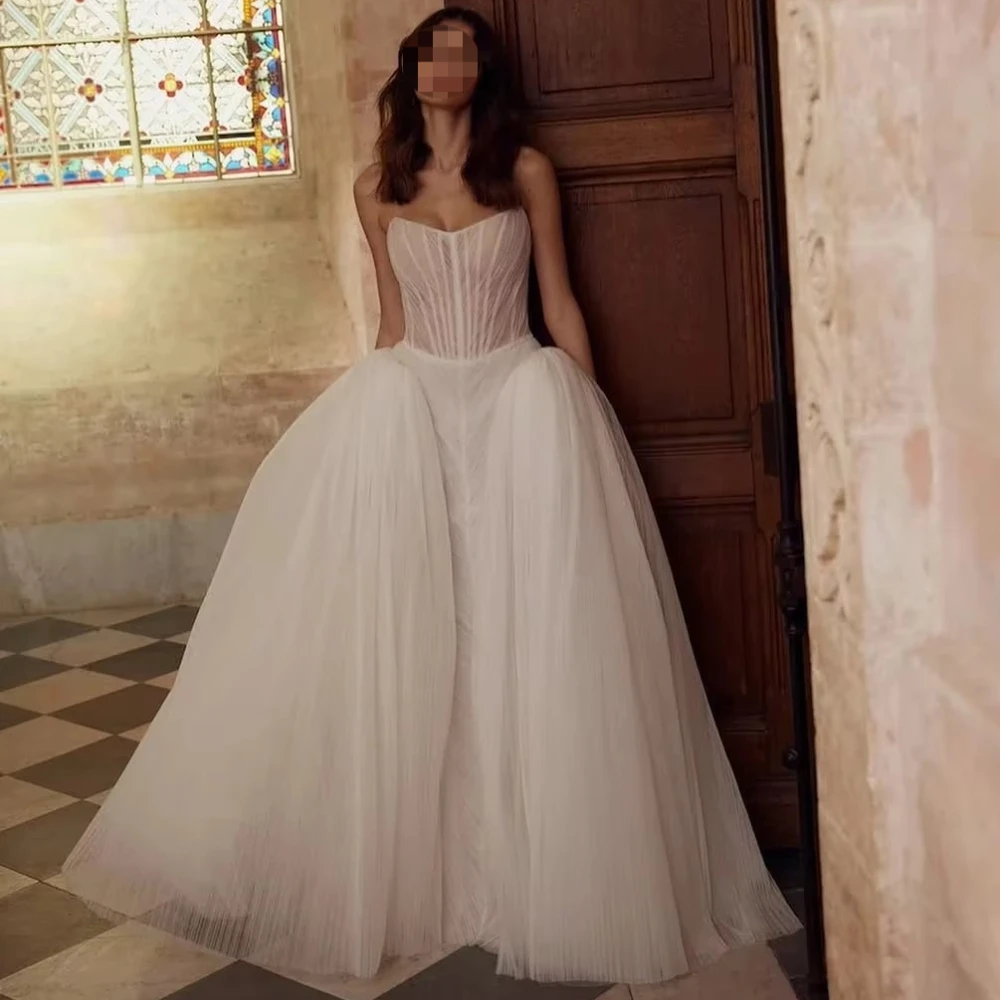 

Wedding Dresses Puffy Pleated Sleeveless Corset Tulle Bride Ball Dress Exquisite High Quality Prom Party Gowns Women Customized
