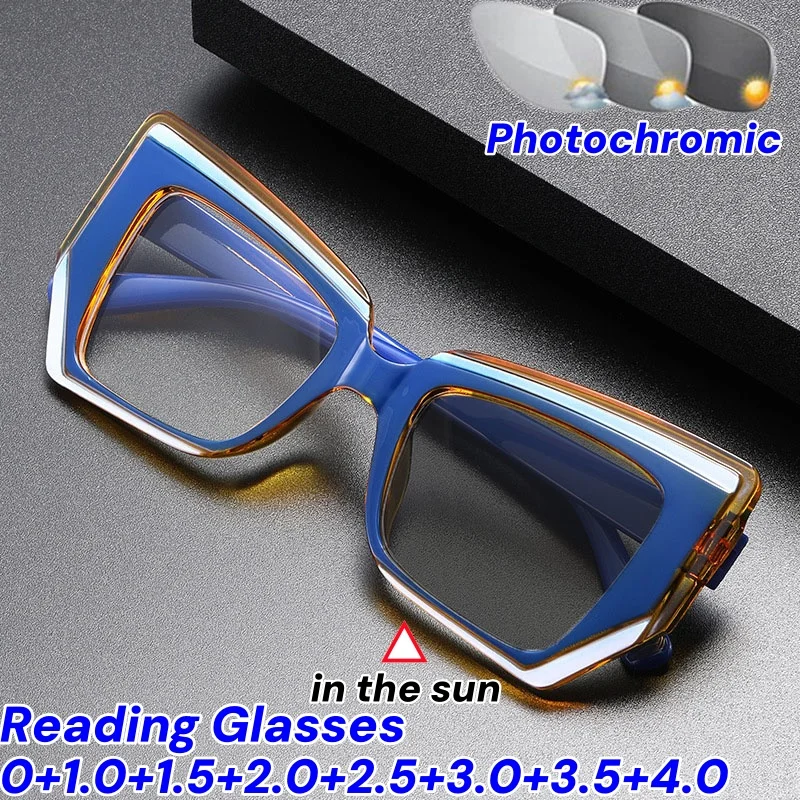 

Women's Large Frame Photochromic Reading Glasses Retro Anti-blue Light Eyewear Polygon Color Blocked Presbyopia Eyeglasses+2.0