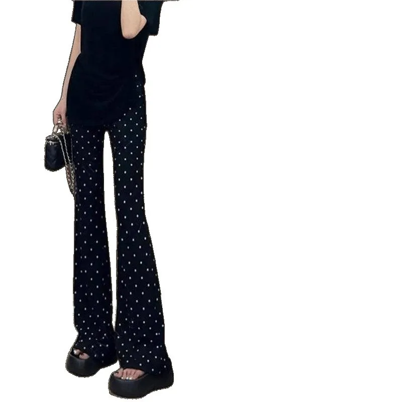 Bla 水玉プリント ハイウエスト 薄手 カジュアルパンツ レディース 春夏 着痩せ マイクロフレア 小さいサイズ ロングパンツ