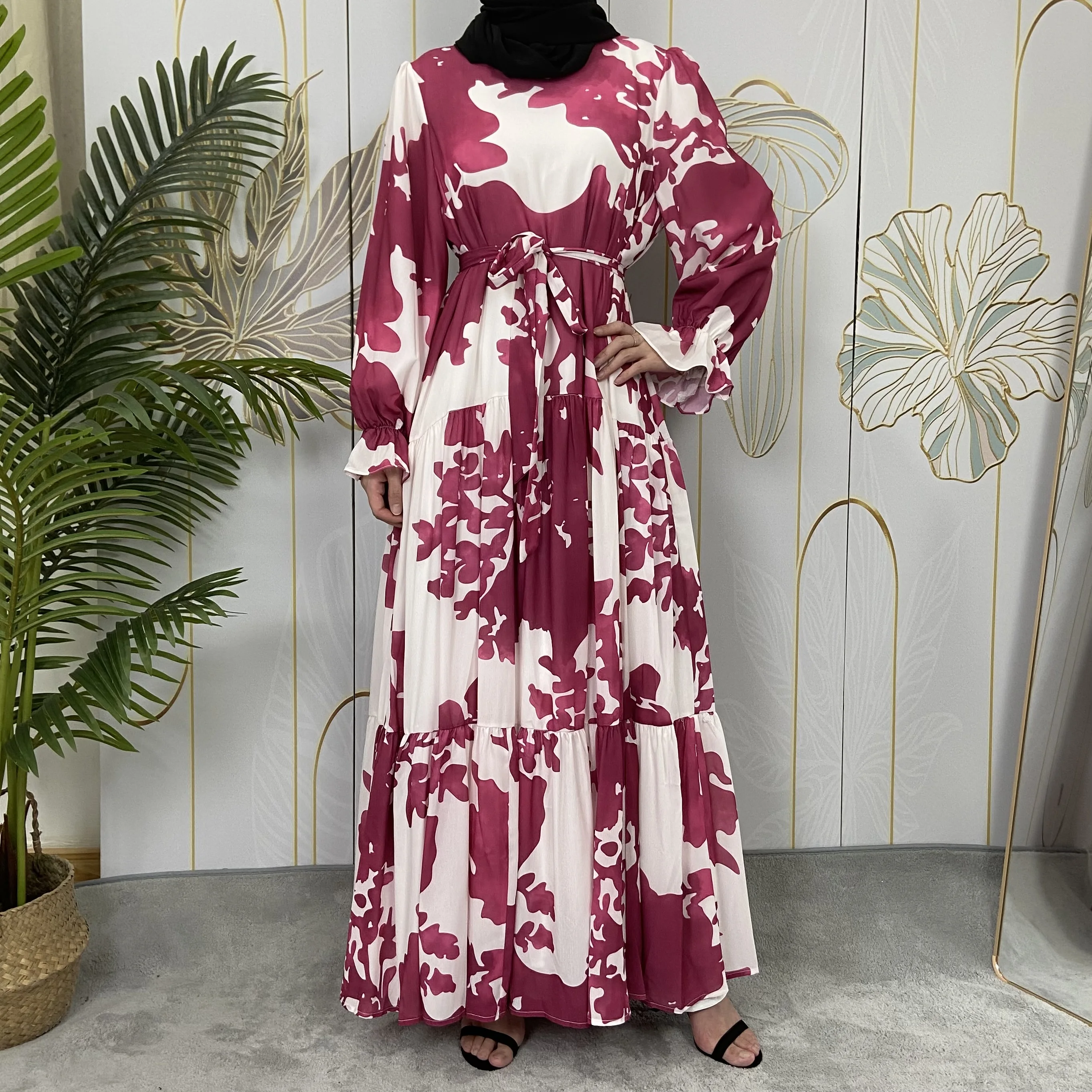 Middle East Türkiye Muslim women Dress Elegant Casual Loose Abaya Kaftan Sundress Long Sleeved Polka  Printed O-Neck Arab Robe