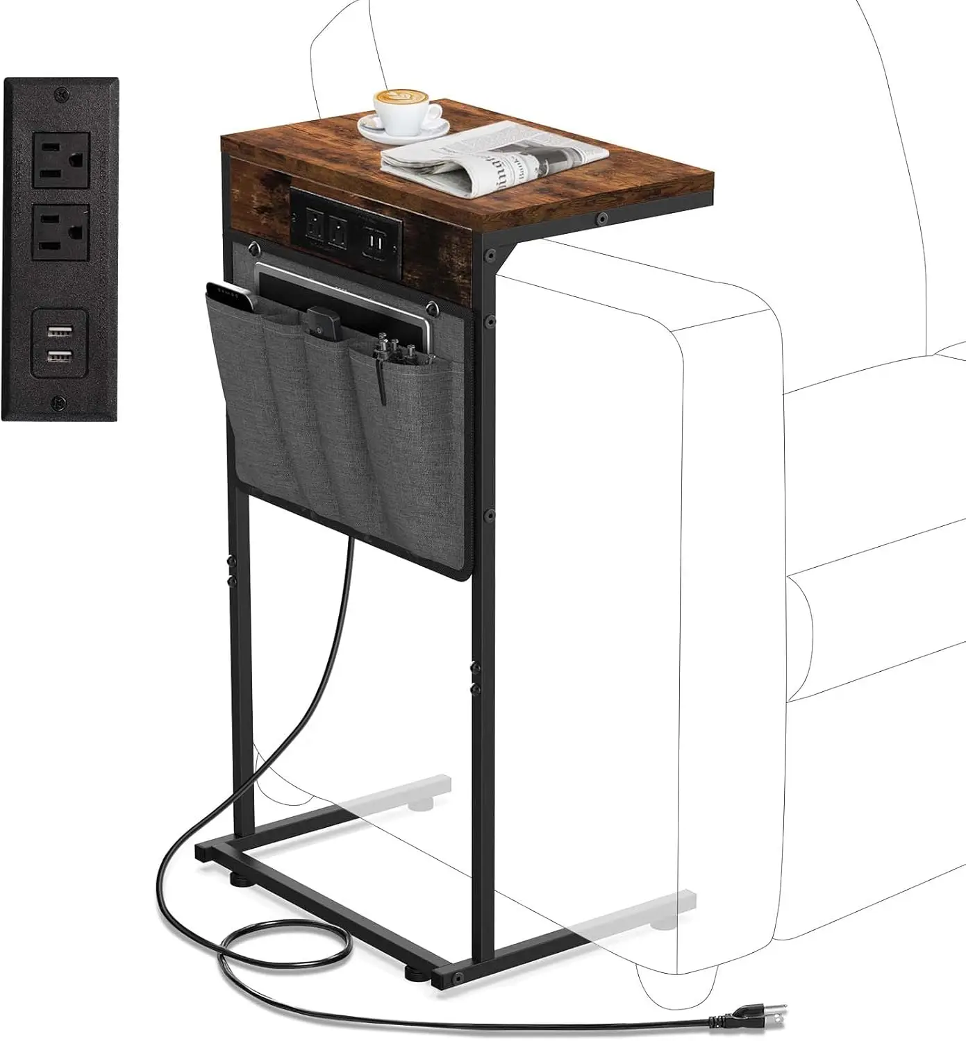 

C Shaped End Table With Charging Station, Small Couch Side Table With Storage Bag, Power Outlet And USB, Sturdy Slide Under Sofa