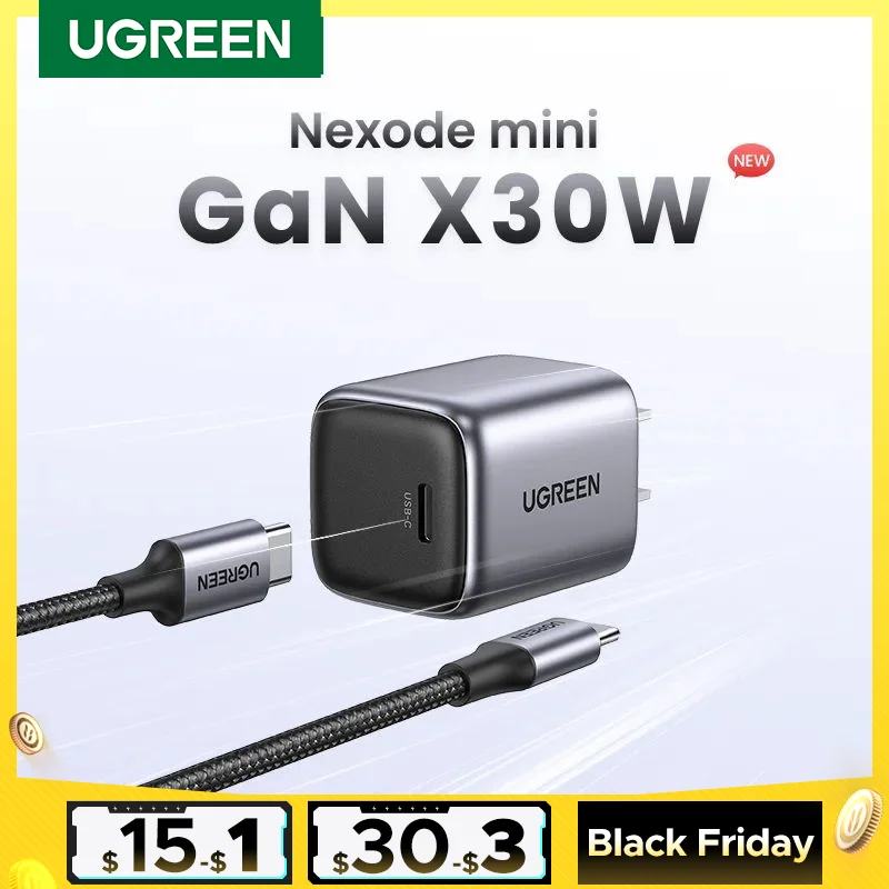 UGREEN GaN 30W Fast Charger With 1m 100W Cable for iPhone 15 14 13 PD3.0 Charger for iPad Pro Samsung Xiaomi USB C Phone Charger