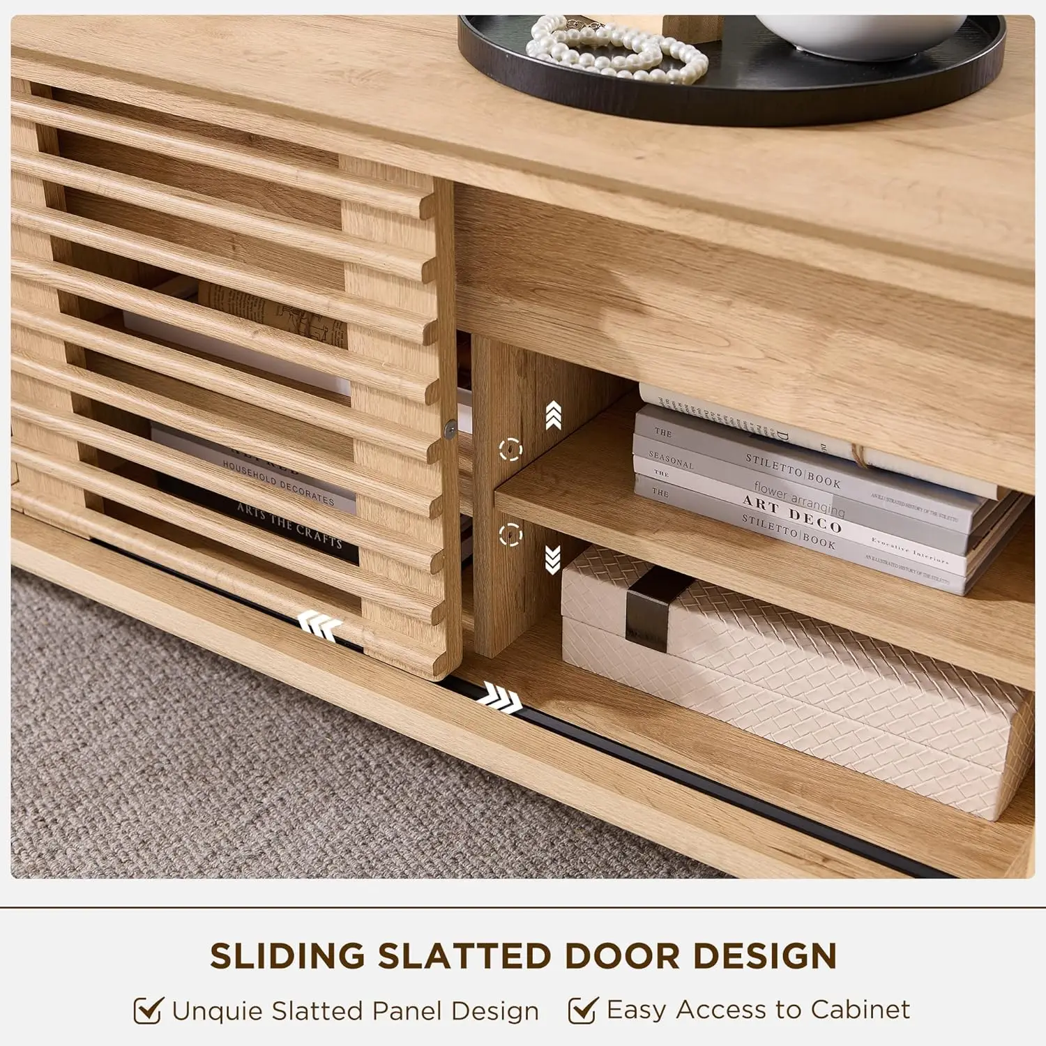 48" Lift Top Coffee Table with Slatted Sliding Door, Mid Century Modern Center Table with Hidden Storage Compartment