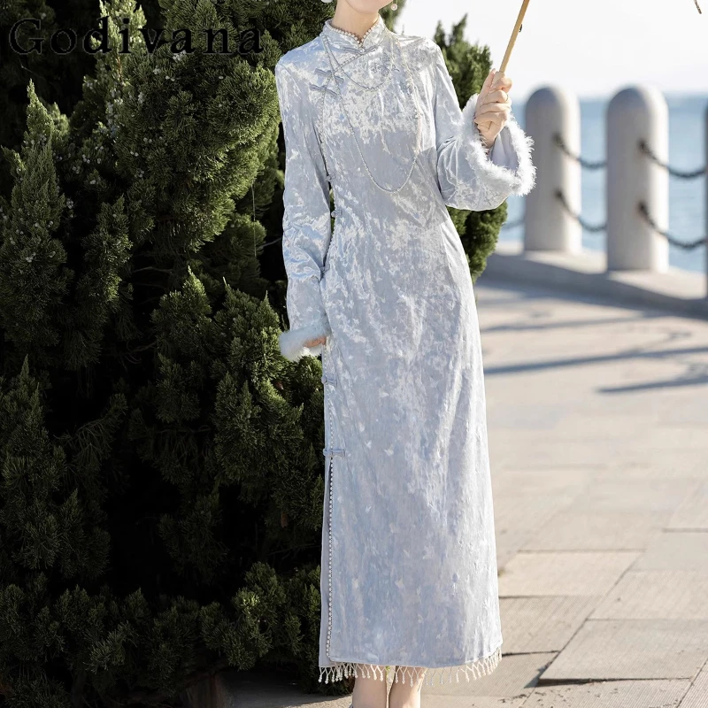 

Autumn Winter New Chinese Women Long Flare Sleeves High Waist Tassel Cheongsam Temperament Pearl Stand-up Collar Printed Dress