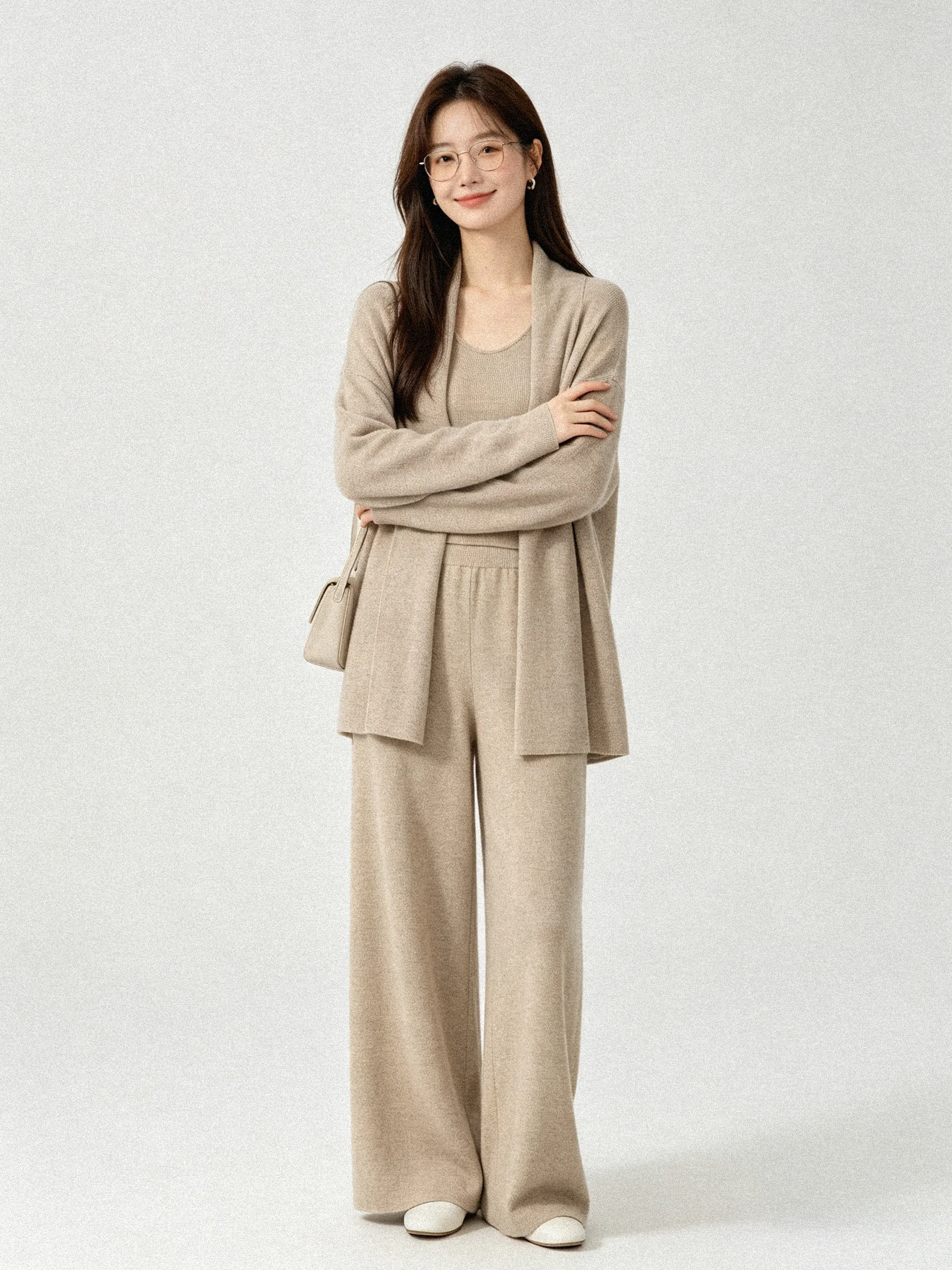 Korean Style Soft Knitted Mid-Length Open Cardigan Slimming Vest Strap Set Winter High Waist Wide Leg Pants Fashion Ensemble