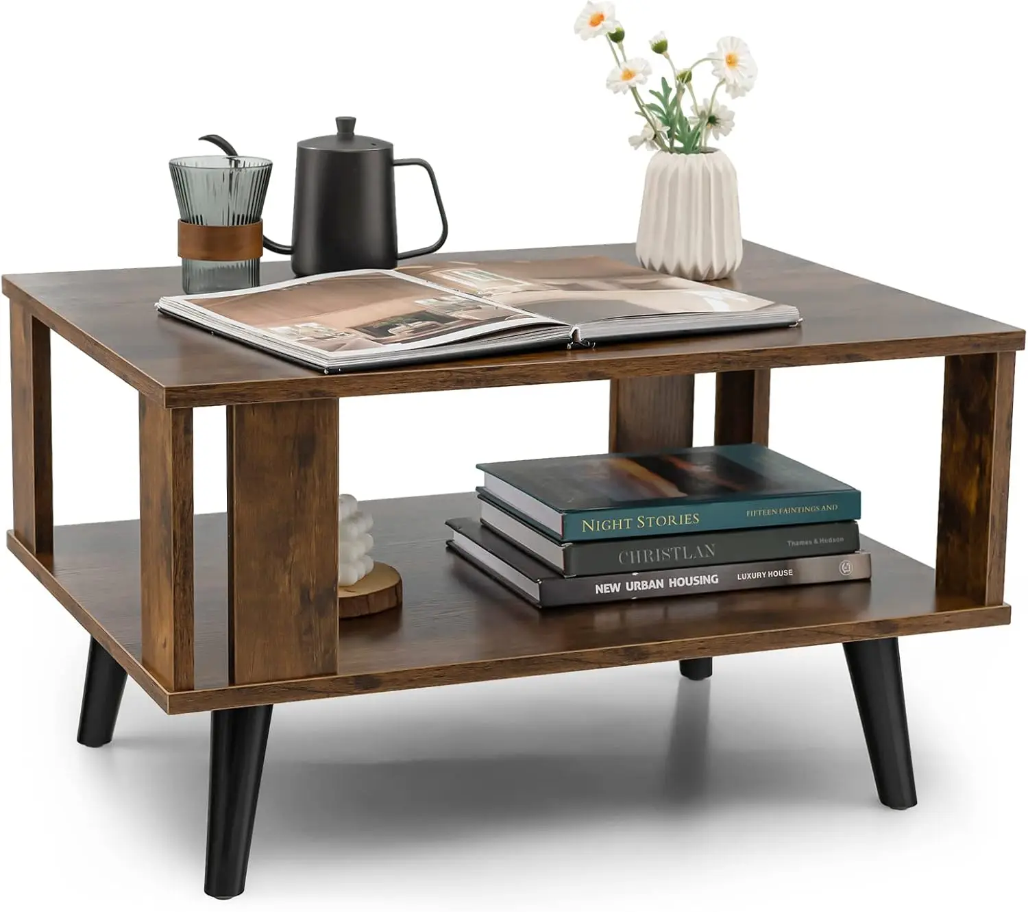 

Mid Century Modern 2-Tier Wood Coffee Table with Open Storage Shelf, Easy Assembly for Living Room Reception