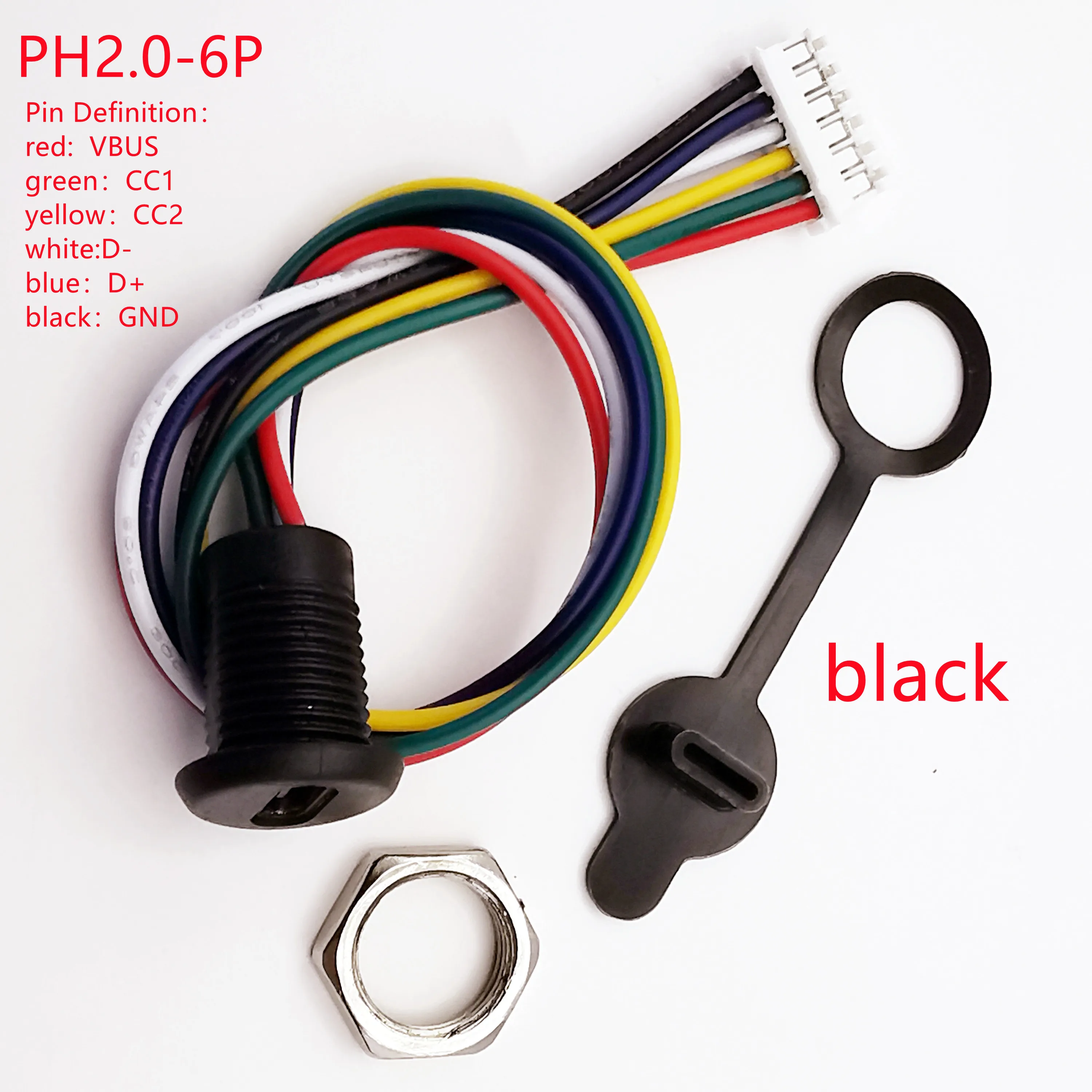 

USB-C Connector Type-C to PH2.0 Waterproof USB with Nut Socket High Current Fast Charging Jack Panel Installation