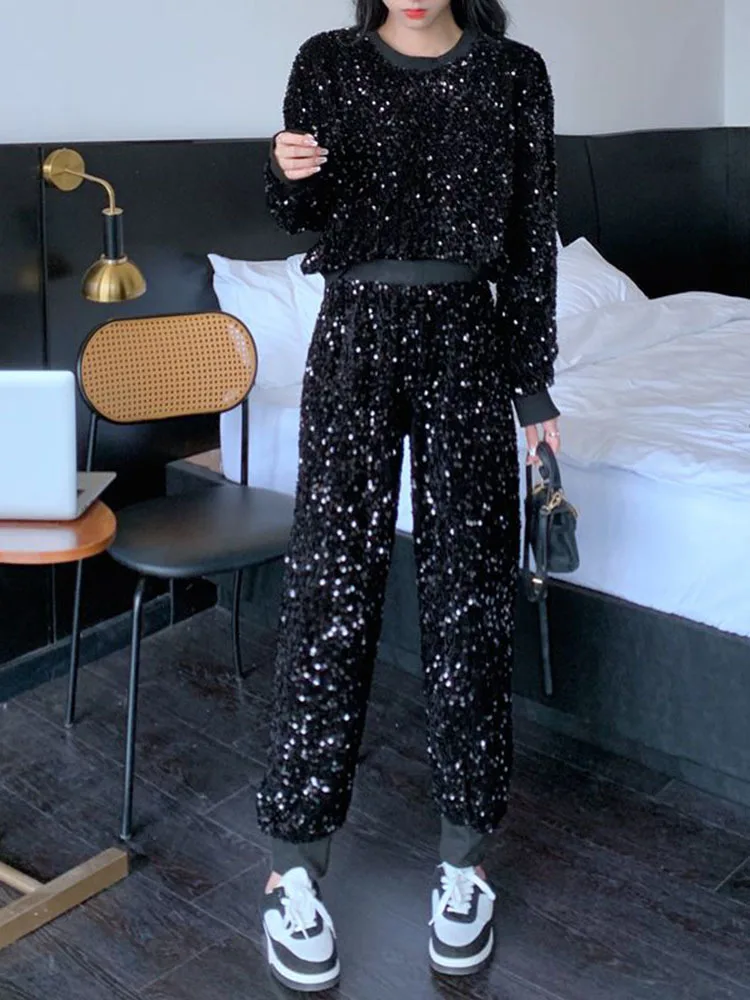 Bling Sequins Round Neck Sweatshirt Harem Pants Two-Piece Set Autumn Winter New Hoodies High Waist Harem Pants Outfits