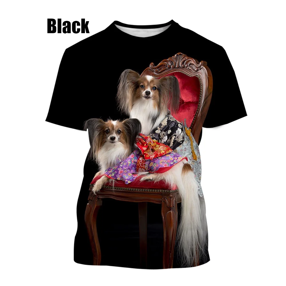 New Fashion Pet Dog Papillon 3D Printing T-Shirt Summer Casual Men/Female Hip Hop Breathable Short Sleeve T-Shirt