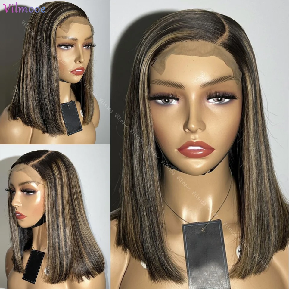 

Highlight Bob Lace Front Human Hair Wig Silk Top Straight Glueless Ftontal Brazilian Ombre PrePlucked Virgin For Black Women