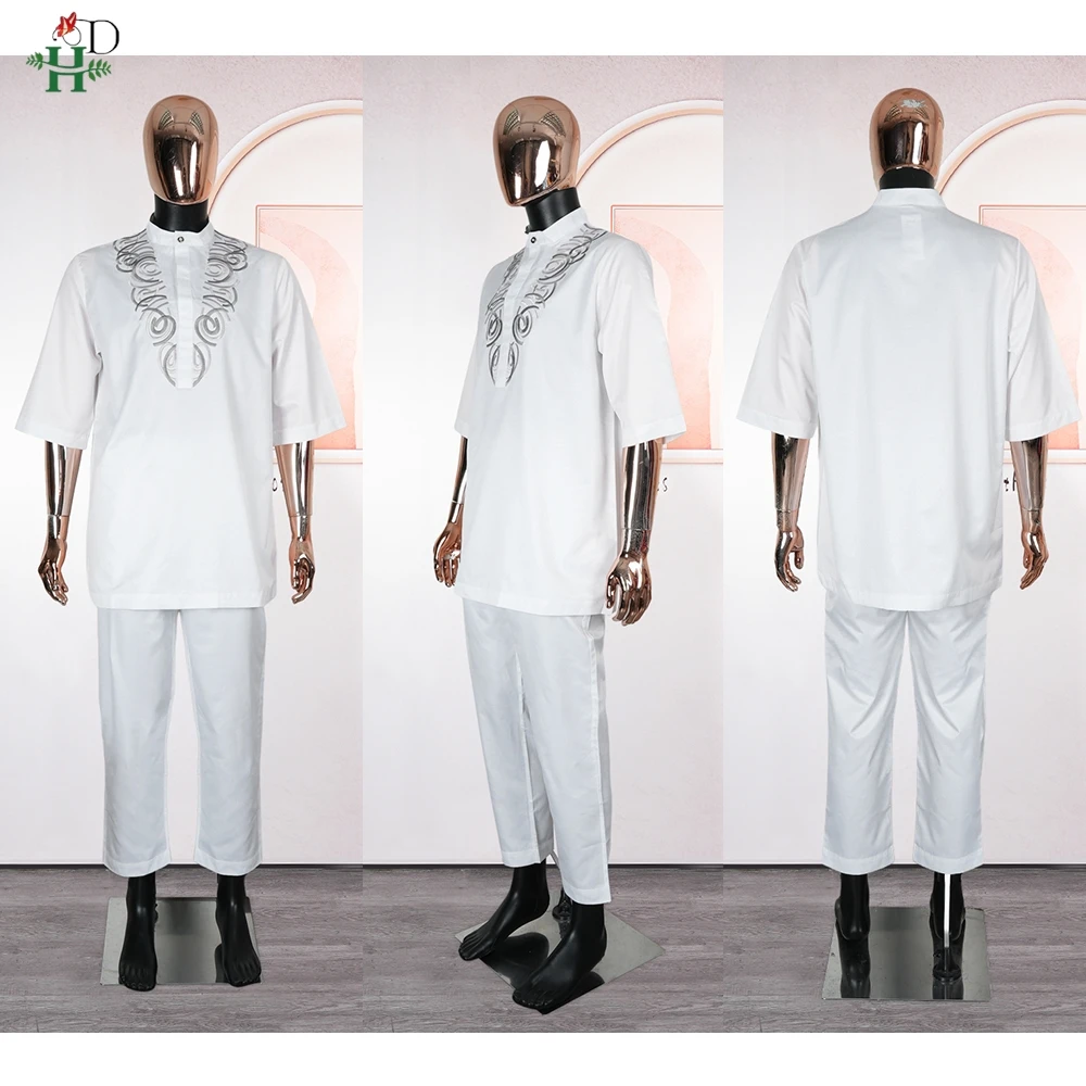 Afrikaanse witte top en broek 2-delige sets voor mannen Borduren Werkkleding Witte Thobe Traditionele bruiloftsfeestkostuums Grote maten kleding