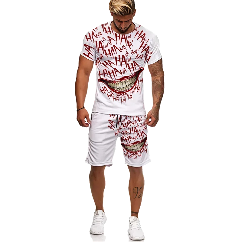 Summer New Fashion 2-Piece Sportswear Set for Men\'s Plus Size Clothes Joker Smiling Face 3D Printing T-shirt Shorts Set