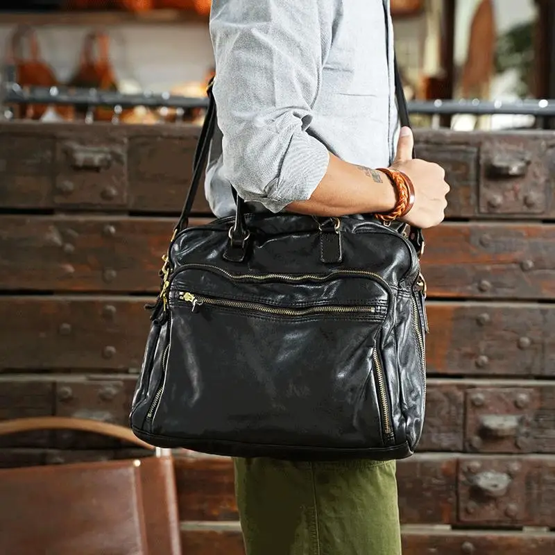 vegetable tanned cowhide men's large briefcase business laptop handbag Vintage designer handmade genuine leather messenger bag