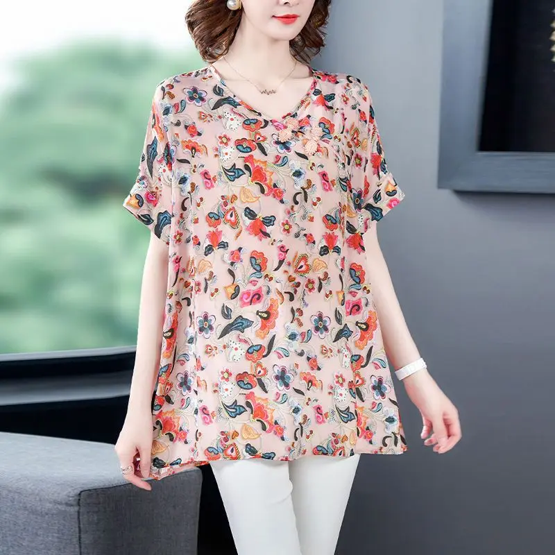 

Women's 2024 Summer New Pullover O-Neck Patchwork Loose Printing Fashion Elegant Minimalist Casual Short Sleeved Chiffon Tops