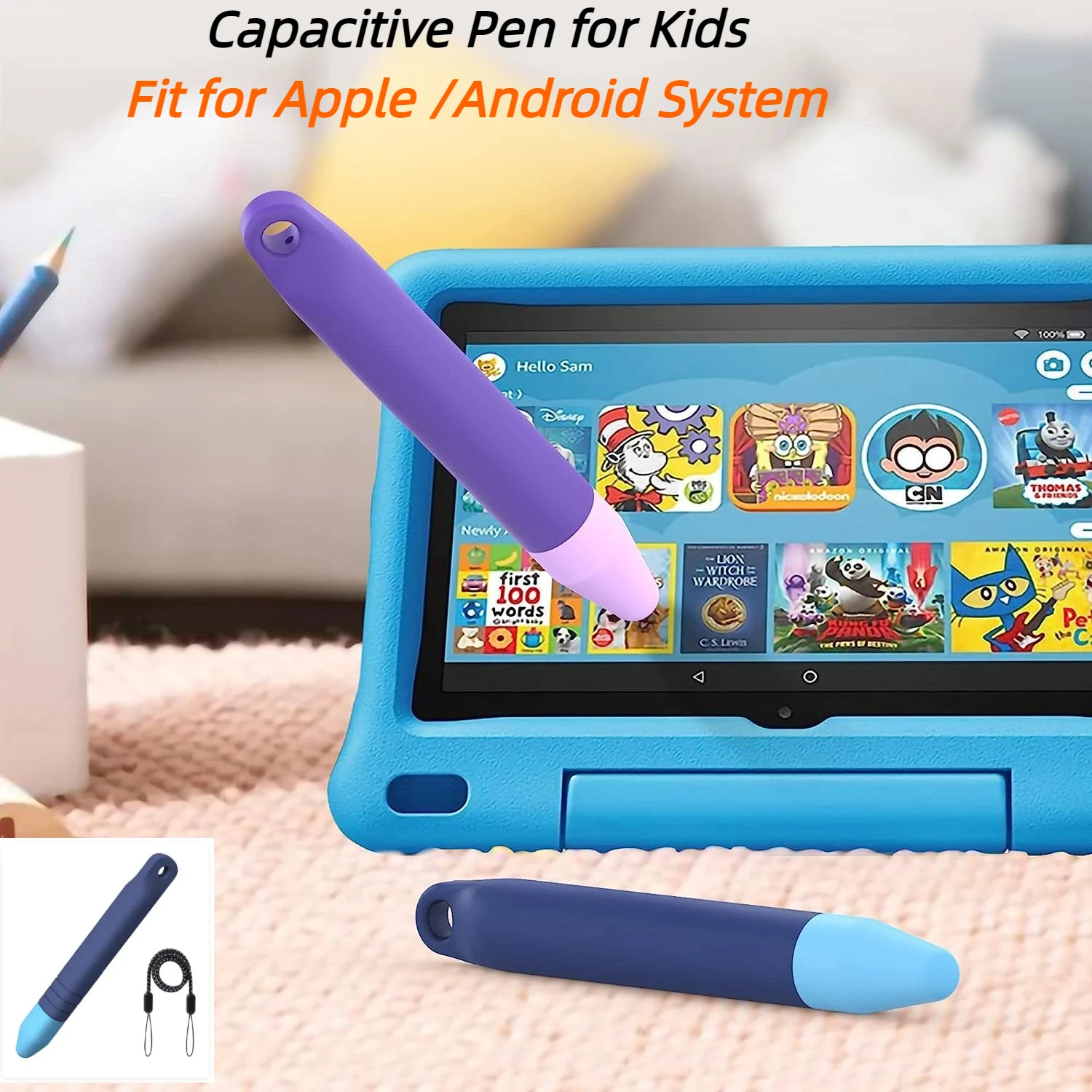 Handwriting Universal Capacitive Touch Pen Kid-Friendly Stylus with Tethers Anti-slip Easy Grip for iPad/Android for learning