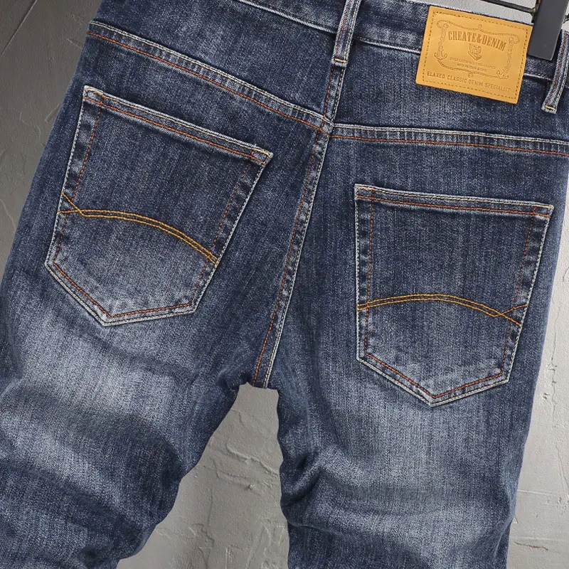 European Fashion Men Jeans High Quality Retro Washed Blue Stretch Slim Fit Vintage Jeans Men Casual Designer Denim Pants Hombre